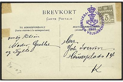 3 øre Bølgelinie på lokalt brevkort annulleret med violet særstempel Vestindisk Velgjørenhedsfest 1-2-3 April 1907. Tape-skjolder.
