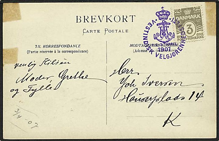 3 øre Bølgelinie på lokalt brevkort annulleret med violet særstempel Vestindisk Velgjørenhedsfest 1-2-3 April 1907. Tape-skjolder.
