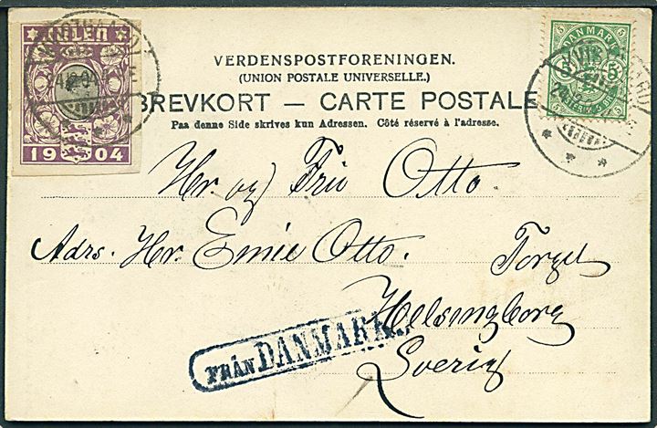 5 øre Våben og UTAKKET Julemærke 1904 på brevkort fra Kvistgaard d. 24.12.1904 til Helsingborg, Sverige. Ank.stemplet med svensk skibsstempel: “Från Danmark”.