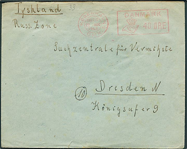 40 øre posthusfranko på brev fra København d. 22.8.1946 til Dresden, Tyskland. På bagsiden violet stempel: Dansk Forvaltning, Lazarettet, Nyelandsplads, Tlf: Fasan 3163.