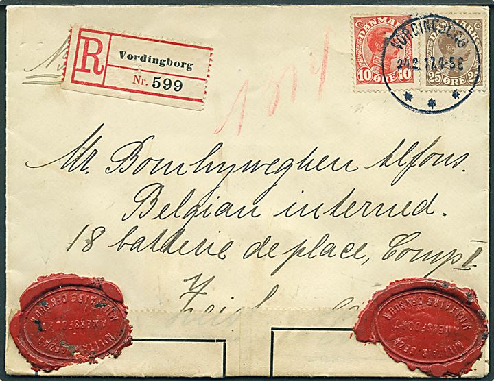 10 øre og 25 øre Chr. X på 35 øre frankeret anbefalet brev fra Vordingborg d. 24.2.1917 til interneret belgisk soldat i Zeist, Holland. Åbnet af hollandsk militærcensur i Amersfoort med fortrykt banderole og laksegl.