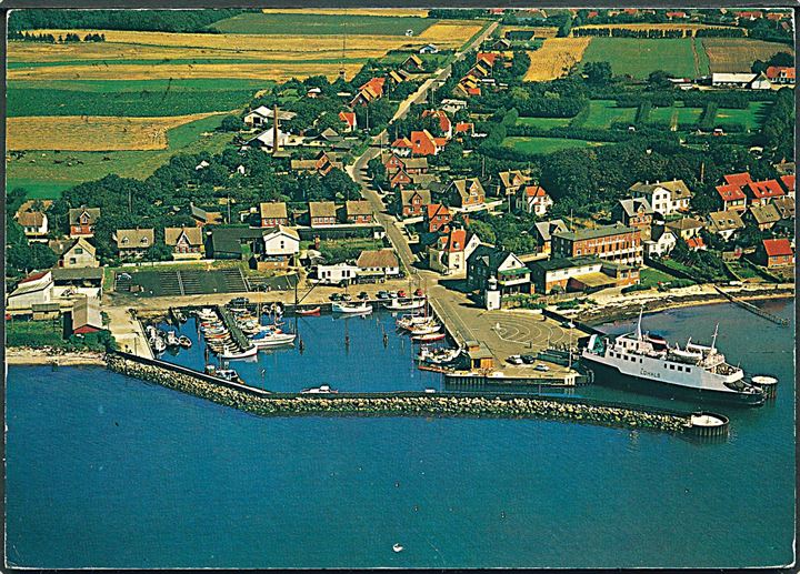 Lohals, Langeland. Luftfoto over havnen med Færgen Lohals. Langelands Papirlager no. 6020. 