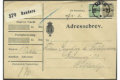 29/1 øre og 29/8 øre Provisorium på adressebrev for pakke fra Randers d. 28.3.1919 til Hellerup.