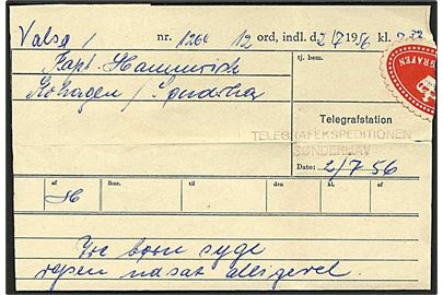 Telegramformular for telegram fra Valsø modtaget i Sønderhav d. 2.7.1956. 2-liniestempel: Telegrafstationen / Sønderhav.