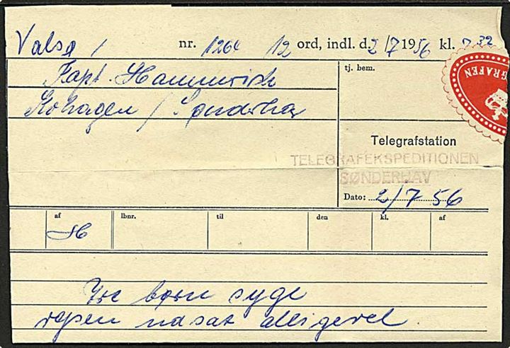 Telegramformular for telegram fra Valsø modtaget i Sønderhav d. 2.7.1956. 2-liniestempel: Telegrafstationen / Sønderhav.