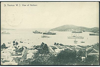Dansk Vestindien. St. Thomas. W. J. View of Harbour. Edw. Fraas u/no. Frankeret med 10 bit Chr. IX fra St. Thomas d. 1.6.1907 til Altona, Tyskland.