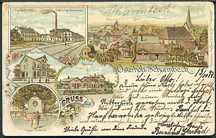 Gruss aus Osterholz - Scharmbeck. Bahnhof, Hotel, Postamt, Kirche. Heinr. Steffens u/no. (Afrevet mærke.). 