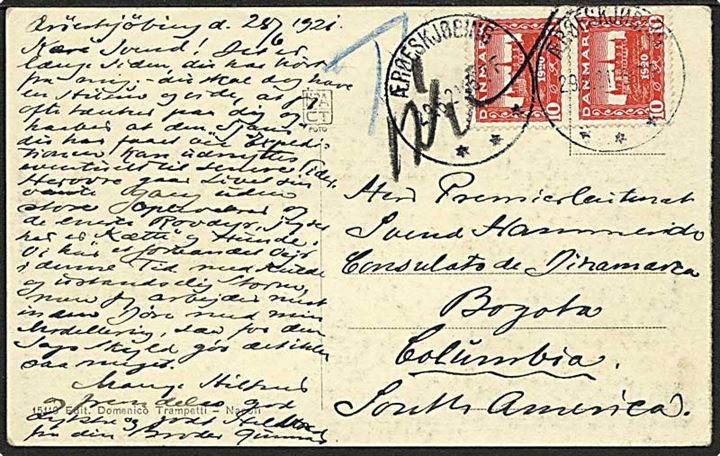 10 øre Genforening i parstykke på underfrankeret brevkort fra Ærøskjøbing d. 29.6.1921 til danske konsulat i Bogota, Colombia, Sydamerika. Påskrevet T og 12½ c.. God destination.