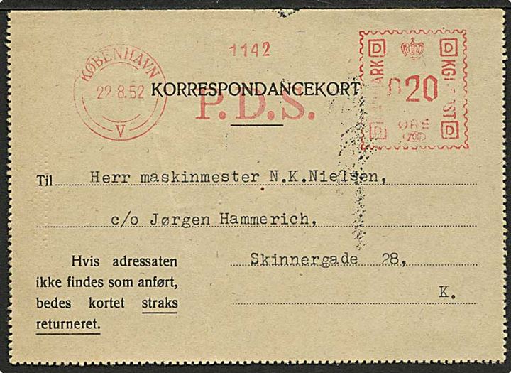 20 øre firma-franko P.D.S. frankeret lokalt korrespondancekort i København d. 22.8.1952. Fra Københavns Politi, Motorkontoret.