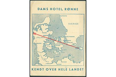 Bornholm. Dams Hotel, Rønne. Kendt over hele Landet. Landkort. U/no. 