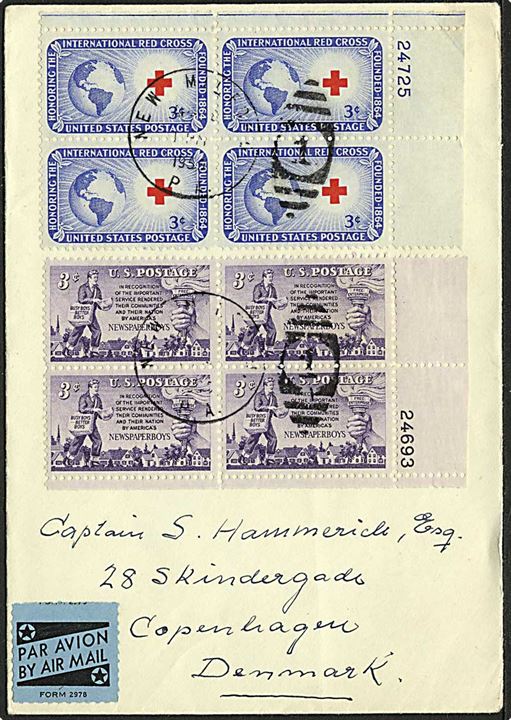 3 c. Røde Kors og 3 c. Avisbudde i fireblokke på luftpostbrev fra New Milford 1955 til København, Danmark.