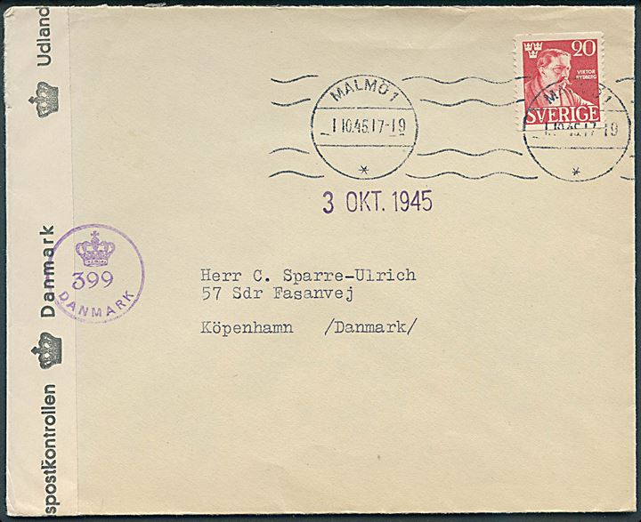 20 öre Rydberg på brev fra Malmö d. 1.10.1945 til København, Danmark. Åbnet af dansk efterkrigscensur (krone)/399/Danmark.