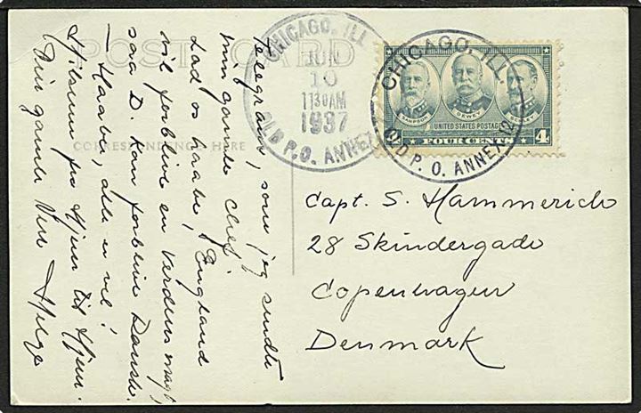 4 c. Admiraler single på brevkort (Militærlejr) stemplet Chicago Old GPO Annex d. 10.7.1937 til København, Danmark. Lodret fold.