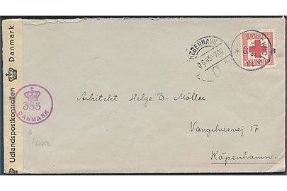 20 öre Røde Kors på brev fra Stockholm d. 14.6.1945 til København, Danmark. Åbnet af dansk efterkrigscensur med violet stempel (krone)/355/Danmark.