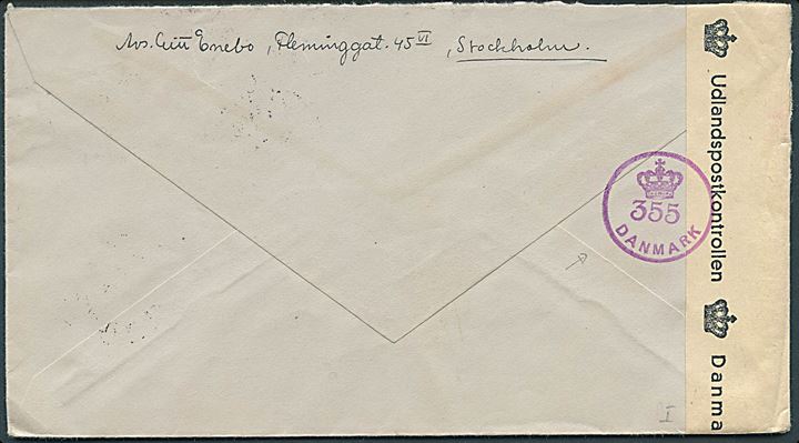 20 öre Røde Kors på brev fra Stockholm d. 14.6.1945 til København, Danmark. Åbnet af dansk efterkrigscensur med violet stempel (krone)/355/Danmark.