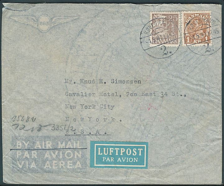 25 øre Karavel og 1 kr. Chr. X på luftpostbrev fra København d. 1.5.1941 til New York, USA. Åbnet af tysk censur i Frankfurt.