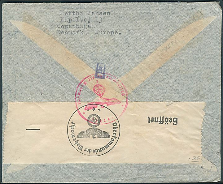 25 øre Karavel og 1 kr. Chr. X på luftpostbrev fra København d. 1.5.1941 til New York, USA. Åbnet af tysk censur i Frankfurt.