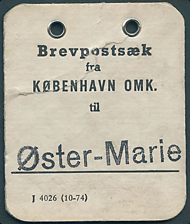 Brevpostsæk mærke - formular J 4026 (10-74) - fra København Omk. til Øster-Marie på Bornholm.