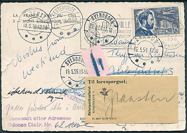 18 fr. Deville på brevkort fra Mont Saint Michel 1956 til Aarhus, Danmark - eftersendt gange med etiket fra Returpostkontoret. Revet.