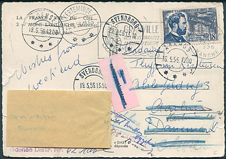 18 fr. Deville på brevkort fra Mont Saint Michel 1956 til Aarhus, Danmark - eftersendt gange med etiket fra Returpostkontoret. Revet.