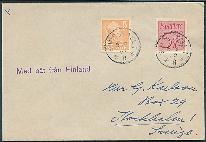 5 öre Gustaf og 5 öre Ciffer på tryksag stemplet Sundsvall d. 5.8.1952 og sidestemplet Med båt från Finland til Stockholm.