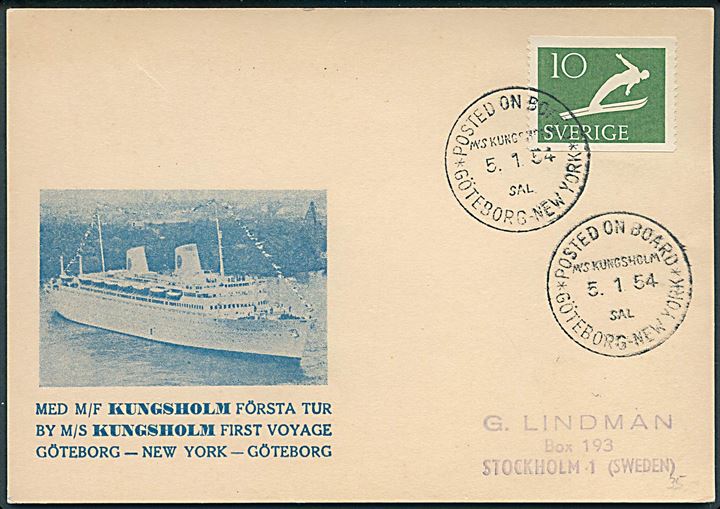 10 öre Skihop på illustreret tryskags-kort annulleret Posted on Board * M/S Kungsholm / SAL * Göteborg - New York d. 5.1.1954 til Stockholm.