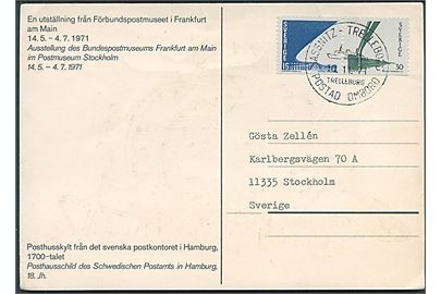 15 öre og 30 öre Tjörnbroerne i sammentryk på brevkort stemplet Sassnitz - Trelleborg / Trelleborg Postad Ombord d. 10.11.1971 til Stockholm.