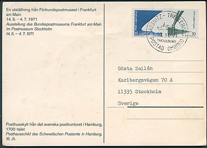 15 öre og 30 öre Tjörnbroerne i sammentryk på brevkort stemplet Sassnitz - Trelleborg / Trelleborg Postad Ombord d. 10.11.1971 til Stockholm.