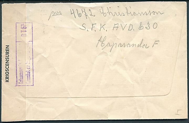 15 öre Linné på brev stemplet Haparanda *F* d. 3.3.1940 til Göteborg, Sverige. Sendt fra svensk frivillig soldat i Svenska Frivilligkåren Avd. 630 (= 1. depåkompaniet). Åbnet af finsk censur.