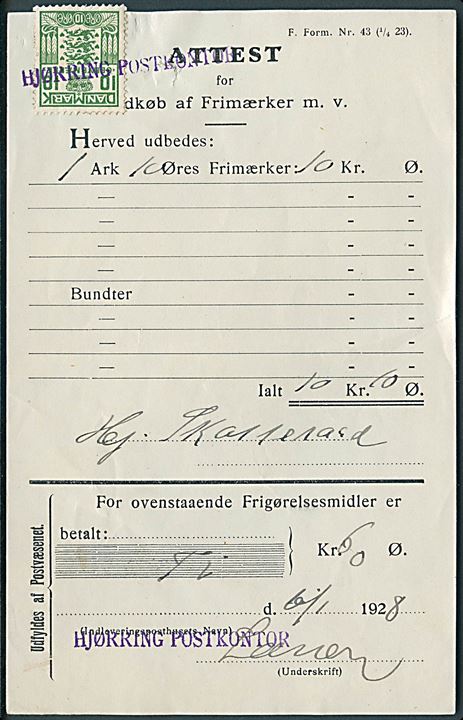 10 øre Gebyrmærke annulleret med kontorstempel Hjørring Postkontor på Attest for indkøb af frimærker m.v. dateret Hjørring d. 6.1.1928.