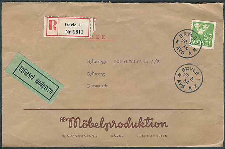 65 øre Tre Kroner single på anbefalet brev fra Gävle d. 20.3.1954 til Søborg, Danmark.