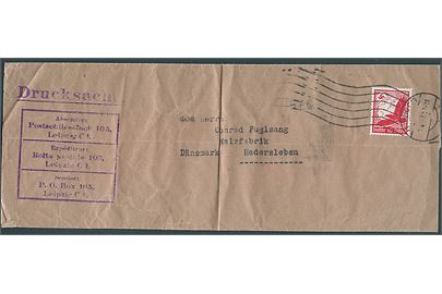 10 pfg. Luftpost single på tryksags korsbånd fra Leipzig ca. 1937 til Haderslev, Danmark.
