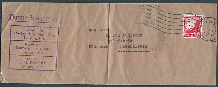 10 pfg. Luftpost single på tryksags korsbånd fra Leipzig ca. 1937 til Haderslev, Danmark.