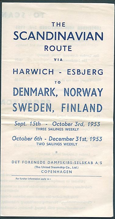 DFDS. Sejlplan og takster for skibsforbindelse mellem Harwich og Esbjerg i efteråret 1953. 