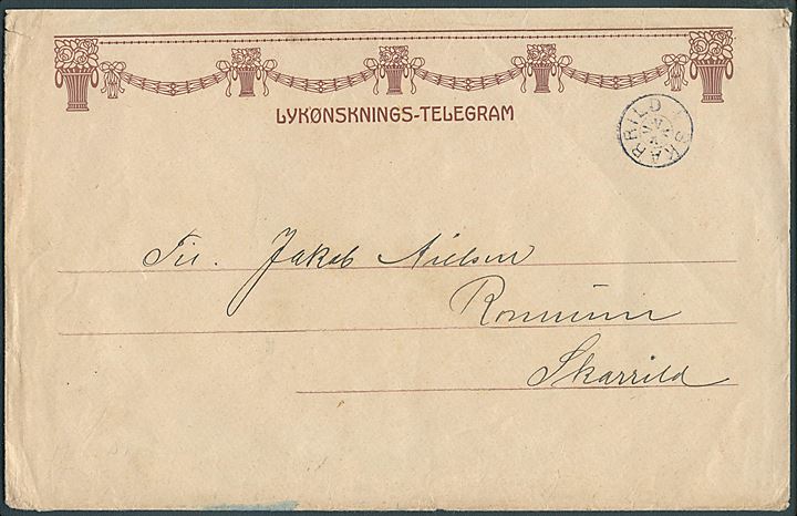 Fortrykt Lykønsknings-Telegram kuvert med stjernestempel SKARRILD ca. 1920 til Skarrild.