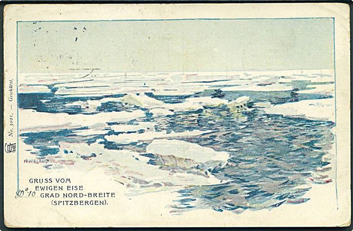 Spitsbergen 10 øre Joh. Giæver 3. udgave og 10 øre Posthorn på brevkort (Gruss vom Ewigen Eise 80.10 Grad Nord-Breite (Spitzbergen)) dateret d. 24.7.1911 og annulleret Tromsø d. 9.8.1911 til Bremen, Tyskland - eftersendt til Frankrig.