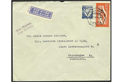 3$50 blandingsfrankeret luftpostbrev fra Lissabon d. 7.11.1938 til København, Danmark.