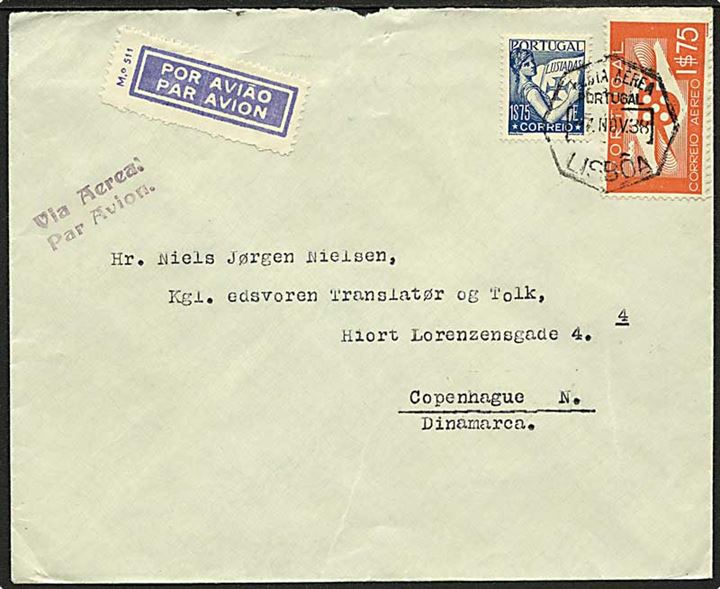 3$50 blandingsfrankeret luftpostbrev fra Lissabon d. 7.11.1938 til København, Danmark.