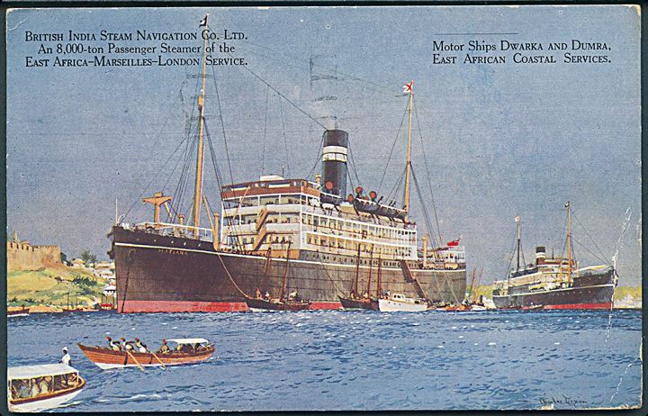 M/S Dwarka & Dumra. East African Coastal Services. U/no.  Frankeret med britisk 1½d George V og dateret ombord på S/S Manela annulleret med skibsstempel London F.S. / Paquebot d. 4.1.1930 til Vejle, Danmark.