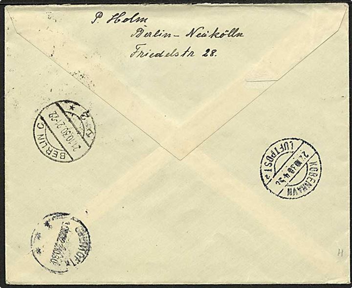 10 pfg. og 1 mk. Luftpost på anbefalet luftpost brev fra Berlin d. 21.10.1930 via København Luftpost til Gentofte, Danmark.