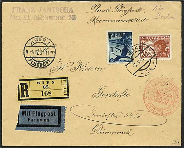20 g. og 1 sh. Luftpost på anbefalet luftpostbrev fra Wien d. 3.4.1931 via Berlin og Kjøbenhavn - Warnemünde til Gentofte. Stemplet: Mit Luftpost befördert Luftpostamt Berlin C2