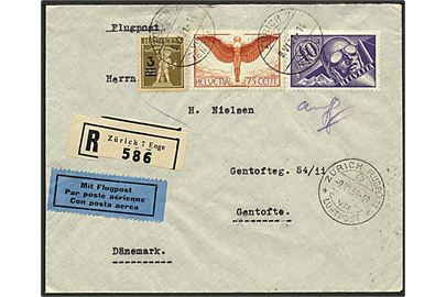 3/2½ c. Tell knabe, 40c. og 75 c. Luftpost på anbefalet luftpostbrev fra Zürich d. 9.6.1931 via København Luftpost til Gentofte, Danmark.