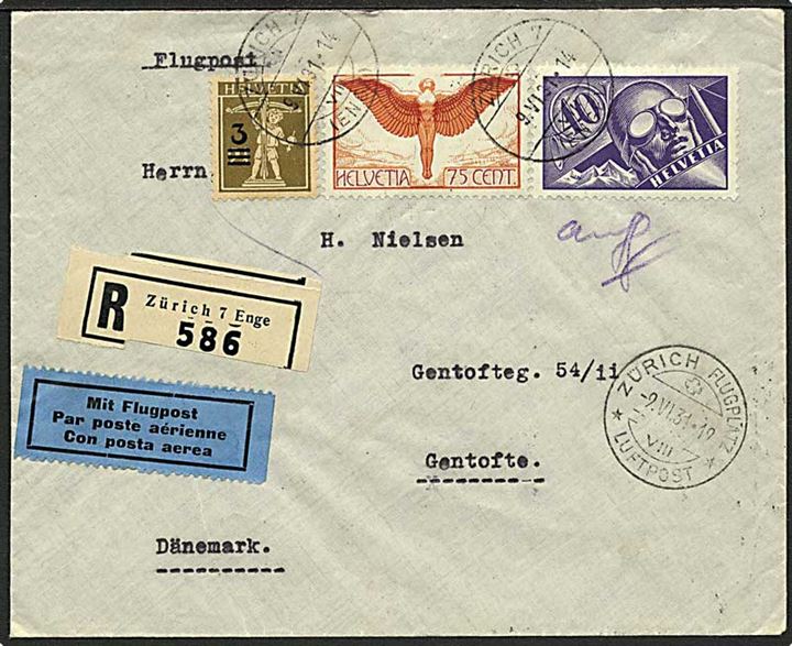 3/2½ c. Tell knabe, 40c. og 75 c. Luftpost på anbefalet luftpostbrev fra Zürich d. 9.6.1931 via København Luftpost til Gentofte, Danmark.