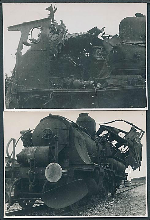 Bombeskadet damplokomotiv i sønderjylland under besættelsen. 2 fotografier (7x9½ cm).