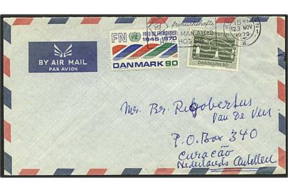 80 øre Ørsted og 90 øre FN 25 år på luftpostbrev fra København d. 23.11.1970 til Curacao, Hollandske Antiller. Usædvanlig destination.