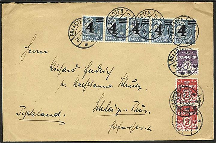 2 øre (par), 7 øre Bølgelinie og 4/25 øre Provisorium i 5-stribe på brev fra Graasten d. 20.7.1935 til Tyskland.