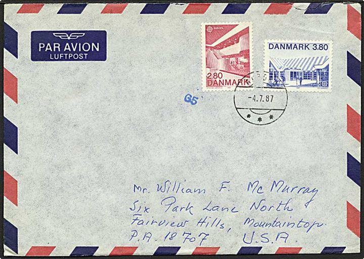 Komplet sæt Europamærker på luftpostbrev annulleret med postsparestempel Ålborg d. 4.7.1987 til Mountaintop, USA.