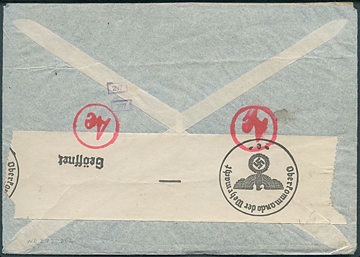 25 øre og 60 øre Løve på luftpostbrev fra Buhølen d. 27.6.1941 til New York, USA. Grønt rammestempel: By direct air mail. Åbnet af tysk censur i Frankfurt.