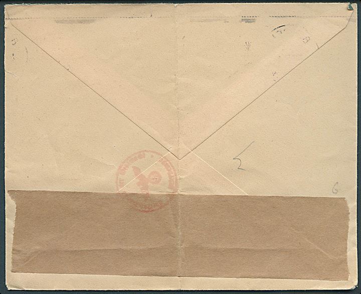 20 øre V Provisorium på brev annulleret med maskinstempel Bergen / V d. 17.10.1941 til Hälsingborg, Sverige. Åbnet af tysk censur i Oslo. Rift.
