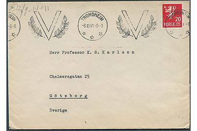 20 øre Løve på brev annulleret med maskinstempel Trondheim / V d. 6.10.1941 til Göteborg, Sverige. Åbnet af tysk censur i Oslo.